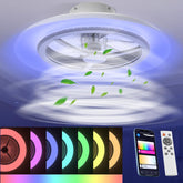 Ceiling fan with LED light and RGB color-changing feature, accompanied by remote control and smartphone app.